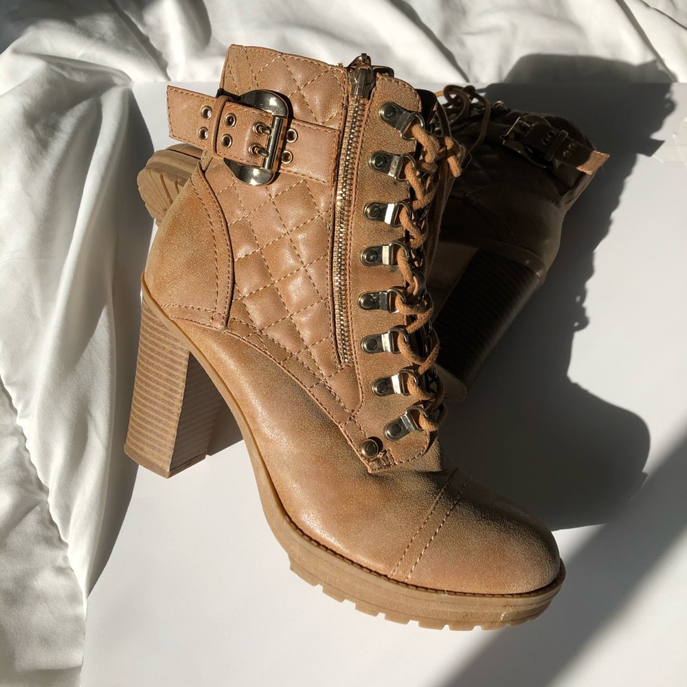 G by Guess tan leather heeled booties